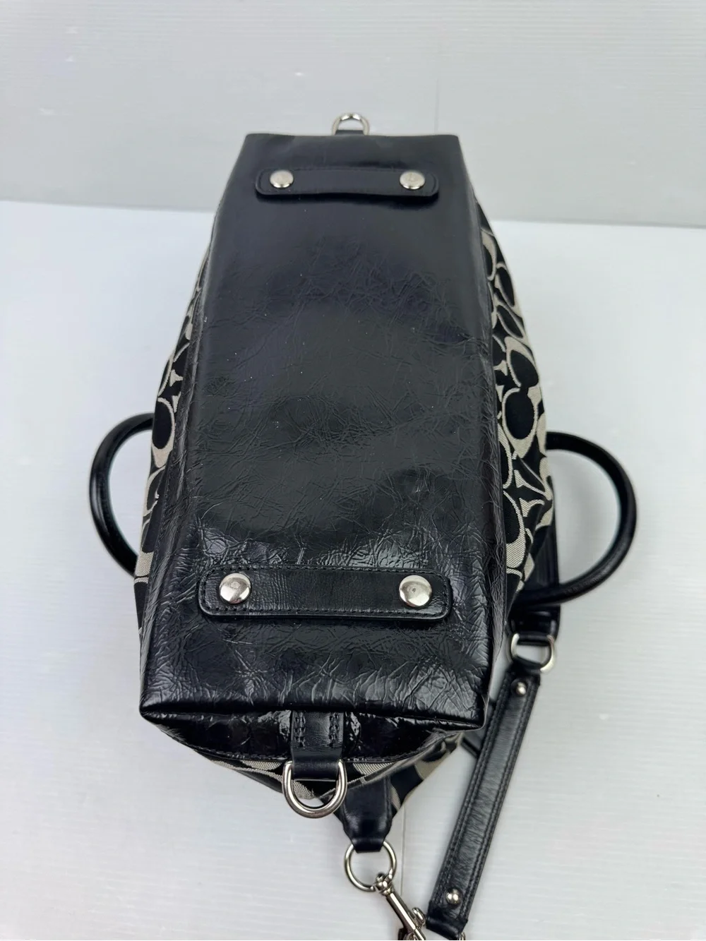 Coach F15443 Black Signature C Sateen Patent Leather Satchel Shoulder Handbag Ba